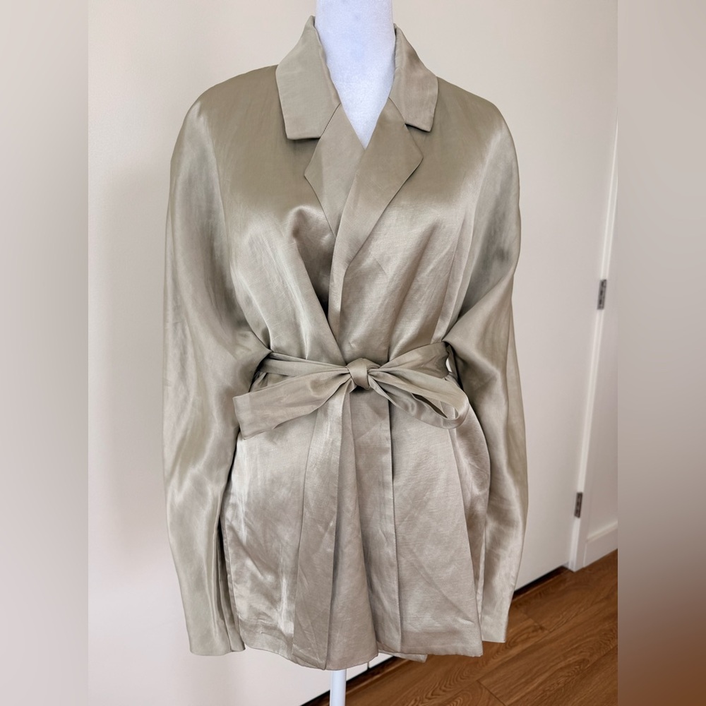 Silk-Blend Taupe Wrap Blazer with Self Tie